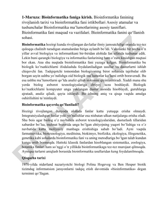 Bioinformatika faniga kirish va uning rivojlanishi