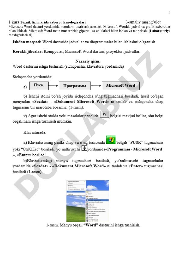 Microsoft Word dasturida matn tahrirlash va grafik ob'ektlar bilan ishlash