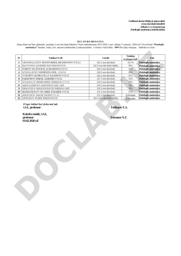 Patologik anatomiya fanidan 2-son davolash test natijalari