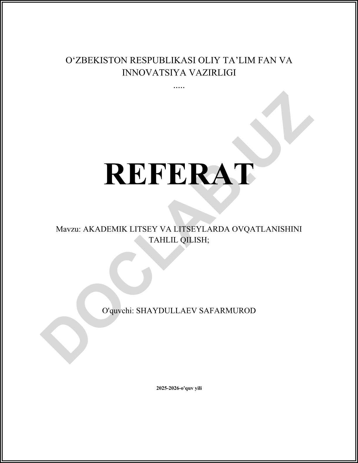 Akademik litsey va litseylarda ovqatlanishini tahlil qilish