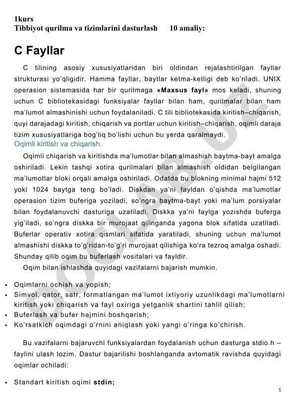 C tilida tibbiyot qurilma va tizimlarini dasturlash