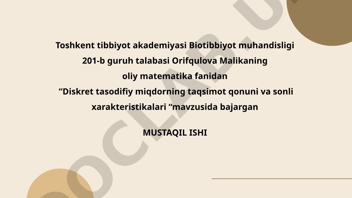 Diskret tasodifiy miqdorning taqsimot qonuni va sonli xarakteristikalari