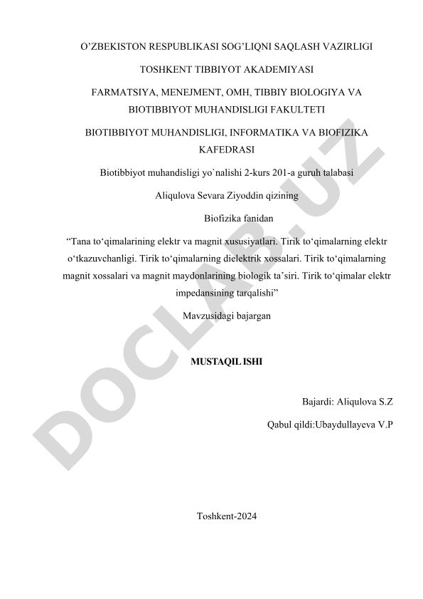 Tana to‘qimalarining elektr va magnit xususiyatlari