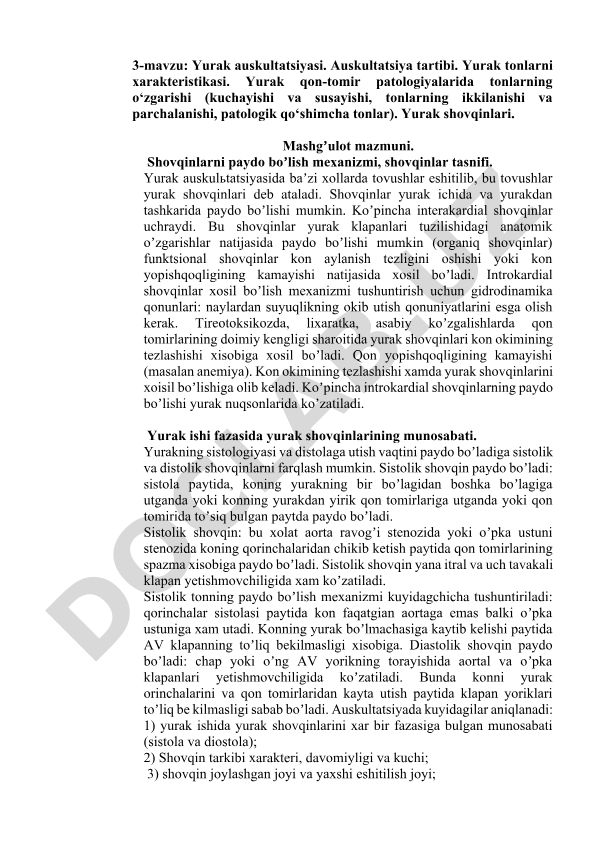 Yurak auskultatsiyasi va shovqinlar