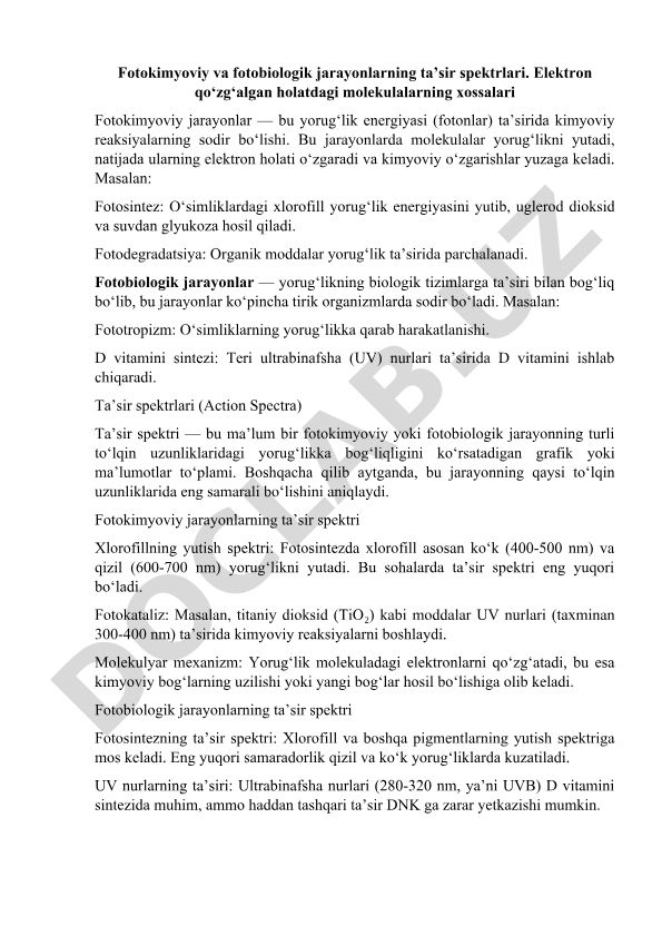 Fotokimyoviy va fotobiologik jarayonlarning ta'sir spektrlari