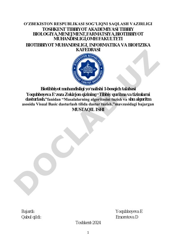 Masalalarning algoritmini tuzish va Visual Basic dasturlash tilida dastur tuzish