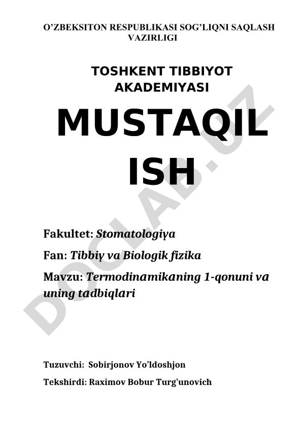 Termodinamikaning 1-qonuni va uning tadbiqlari
