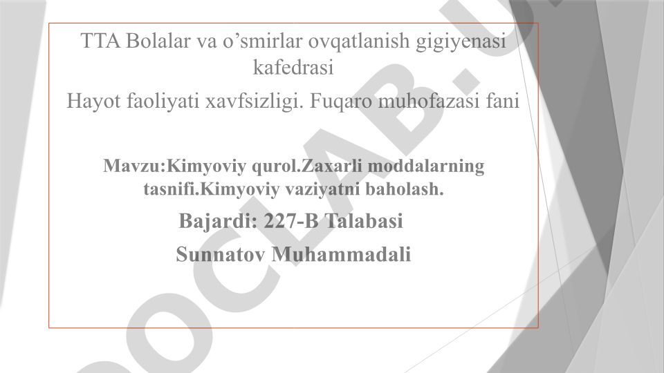 Kimyoviy qurol va zaxarli moddalarning tasnifi