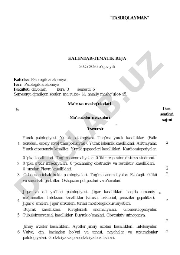 Patologik anatomiya fanidan kalendar-tematik reja
