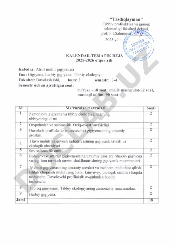 Gigiyena, harbiy gigiyena va tibbiy ekologiya fanining kalendar-tematik rejasi