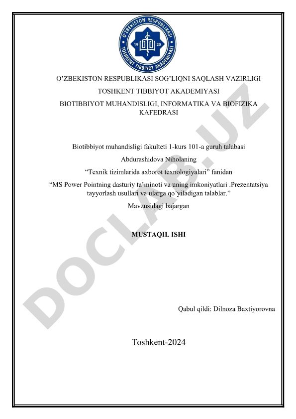 MS Power Pointning dasturiy ta'minoti va uning imkoniyatlari. Prezentatsiya tayyorlash usullari va ularga qo'yiladigan talablar