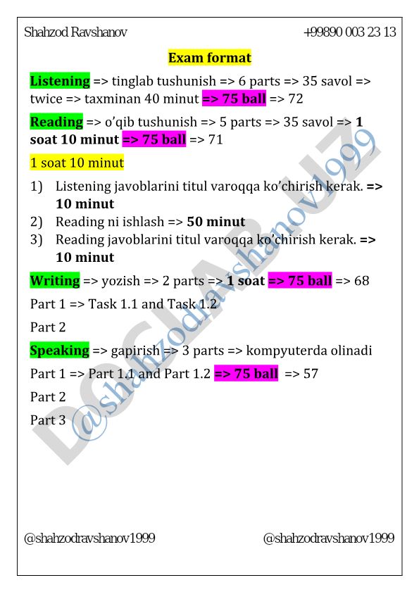 IELTS imtihoni tuzilishi va baholash tizimi