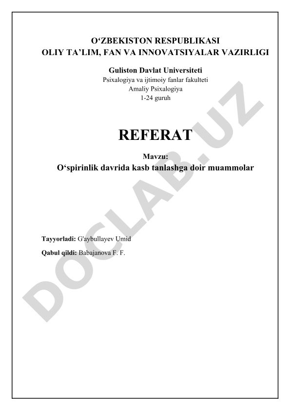 O'spirinlik davrida kasb tanlashga doir muammolar