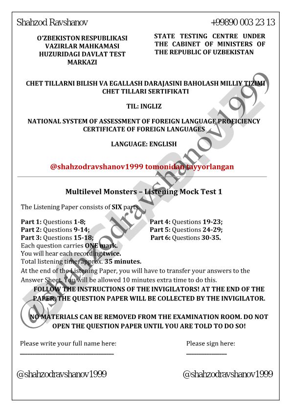 Ingliz tili tinglash bo'yicha Multilevel Monsters - Mock Test 1