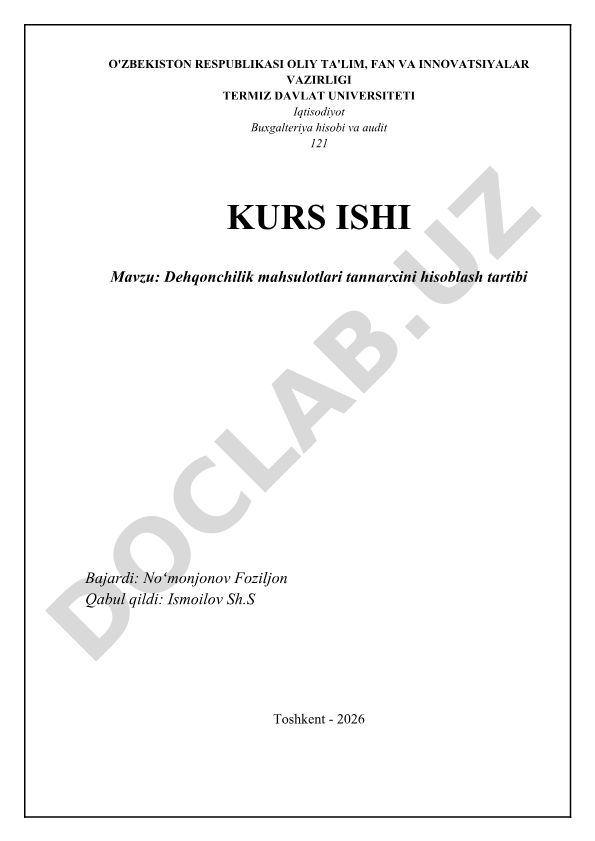 Dehqonchilik mahsulotlari tannarxini hisoblash tartibi