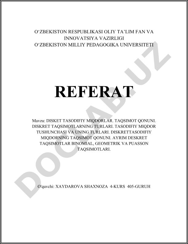 Diskret tasodifiy miqdorlar, taqsimot qonuni va turlari