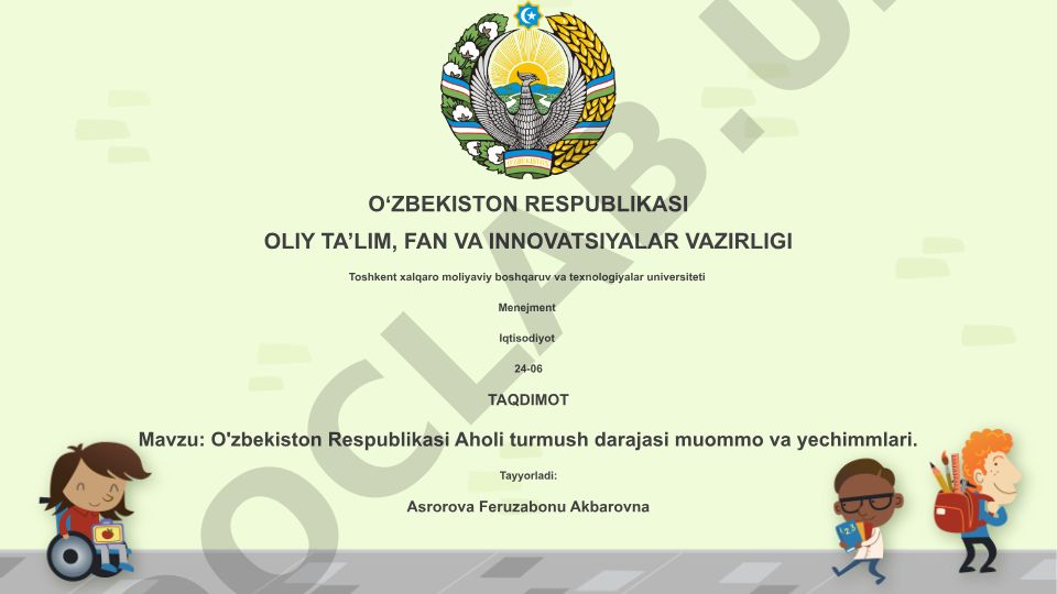O'zbekiston Respublikasi Aholi turmush darajasi muommo va yechimmlari