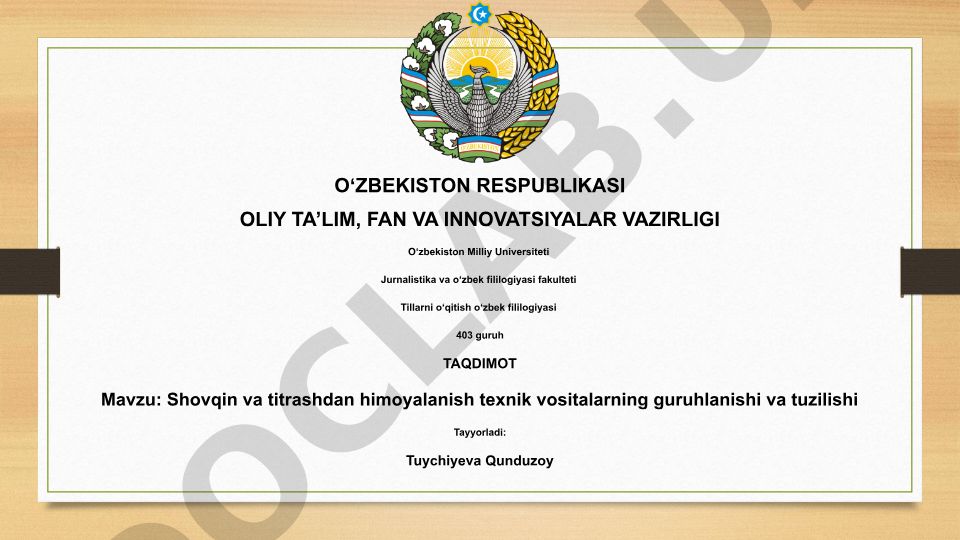 Shovqin va titrashdan himoyalanish texnik vositalarning guruhlanishi va tuzilishi