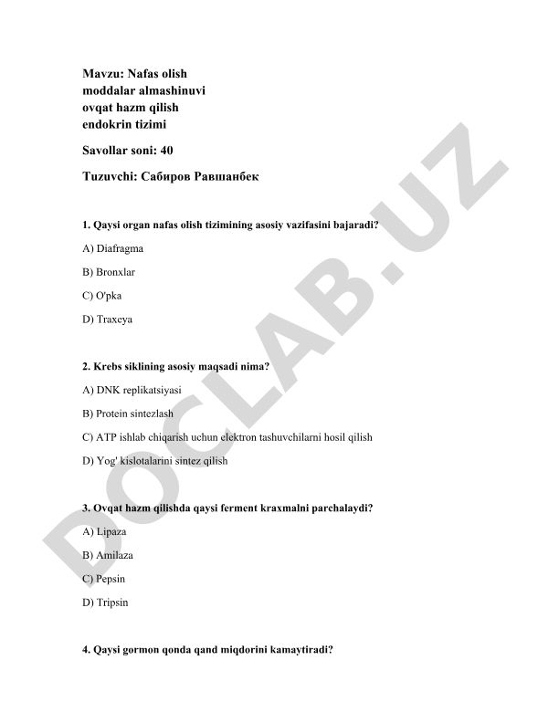 Nafas olish moddalar almashinuvi ovqat hazm qilish endokrin tizimi