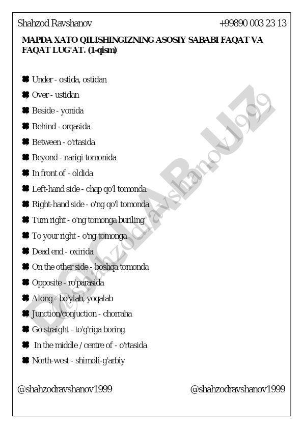 Ingliz tilida yo'nalish va joylashuvni ifodalash