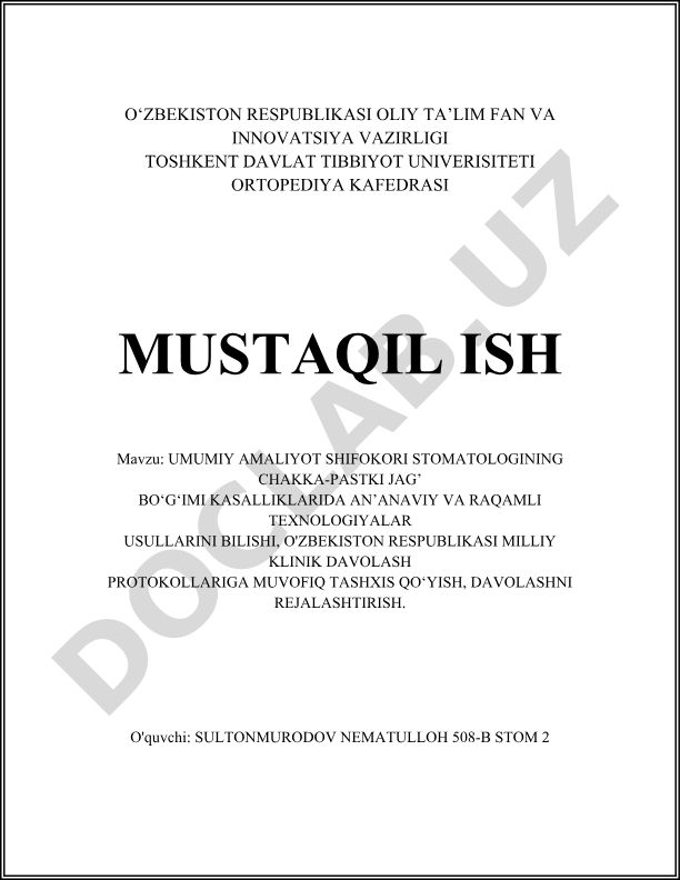 Umumiy amaliyot shifokori stomatologining chakka-pastki jag' bo'g'imi kasalliklarida an'anaviy va raqamli texnologiyalar usullarini bilishi