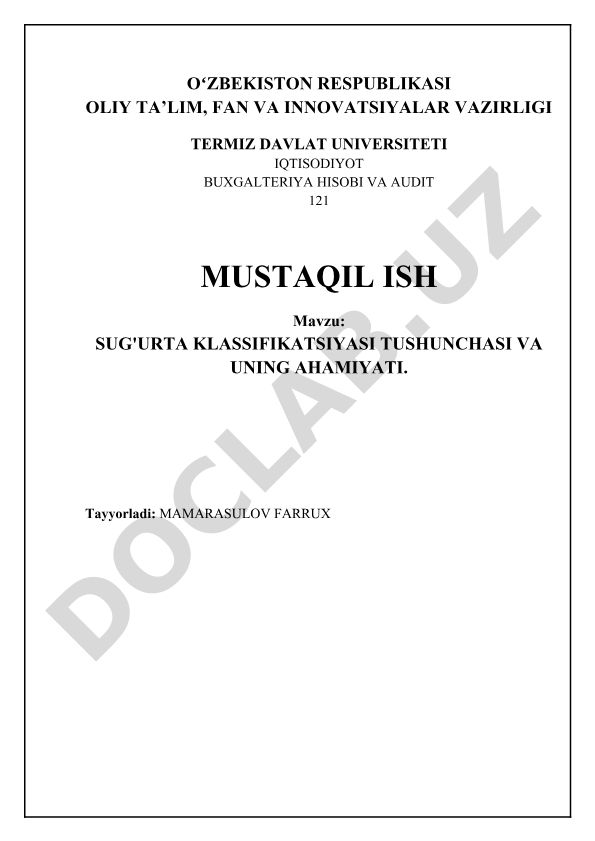 Sug'urta klassifikatsiyasi tushunchasi va uning ahamiyati