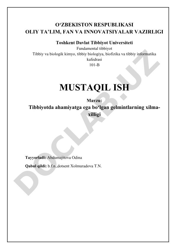 Tibbiyotda ahamiyatga ega boʻlgan gelmintlarning xilma-xilligi