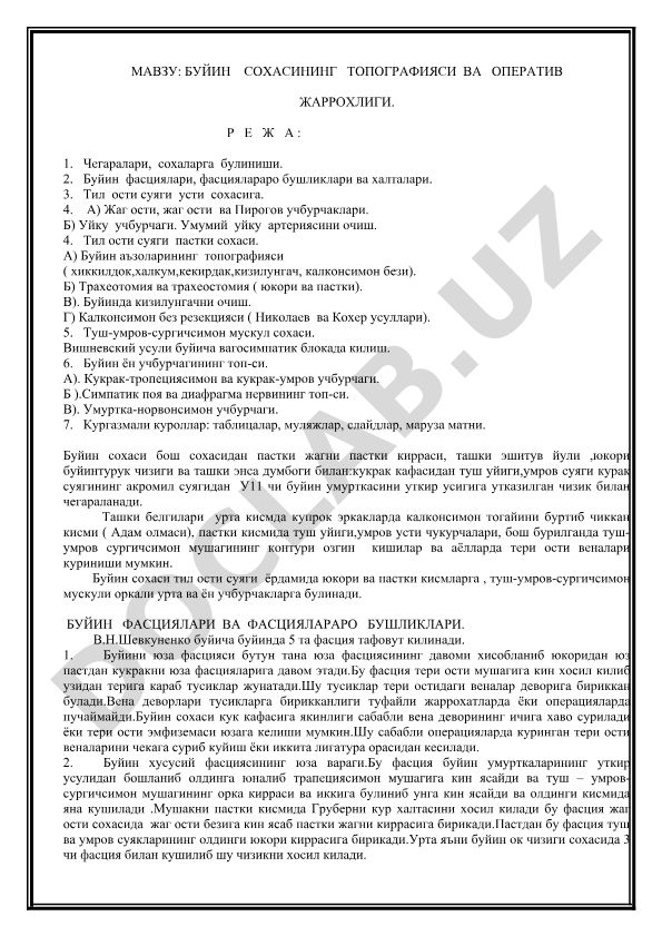 Буйин сохасининг топографияси ва оператив жаррохлиги