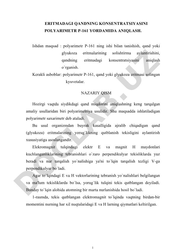 Eritmadagi qand konsentratsiyasini polyarimetr P-161 yordamida aniqlash