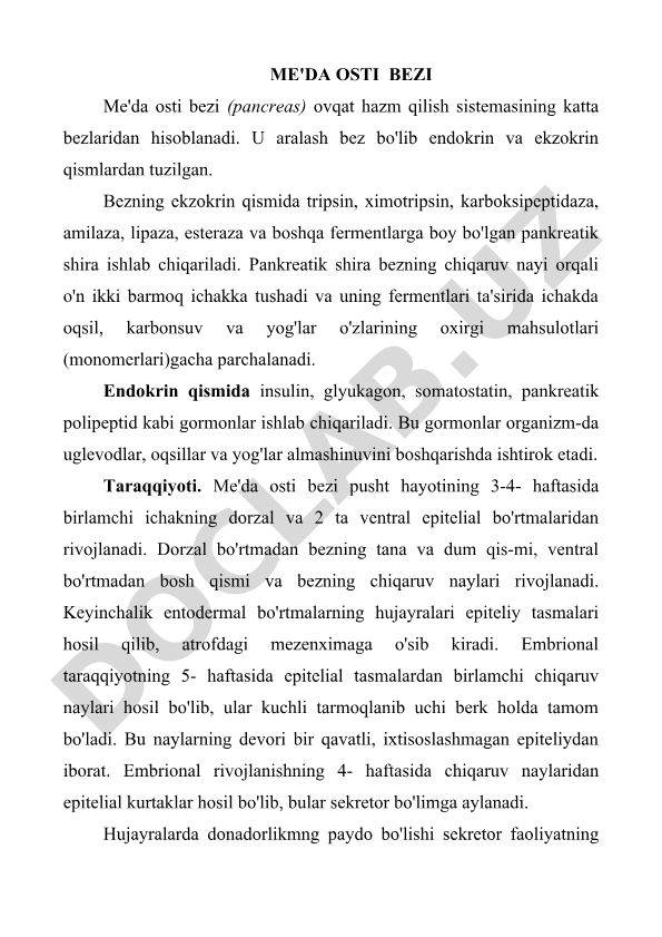 Me'da osti bezining tuzilishi va funktsiyalari