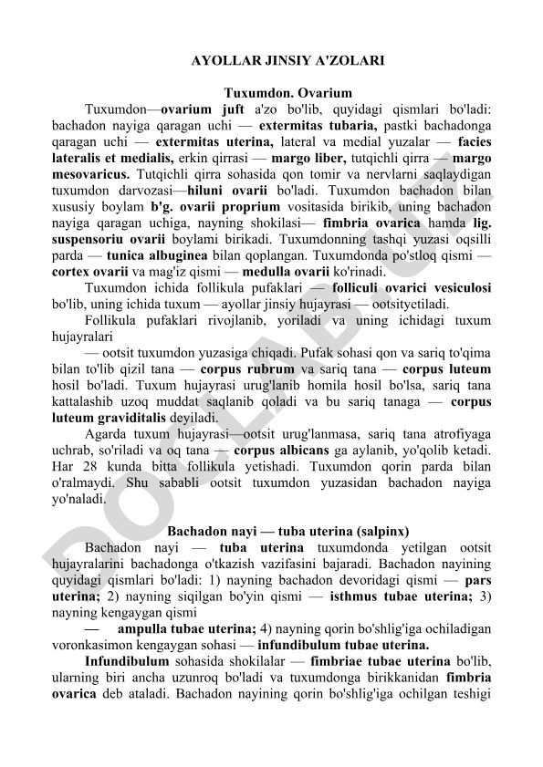 Ayollar jinsiy a'zolari tuxumdon anatomiyasi