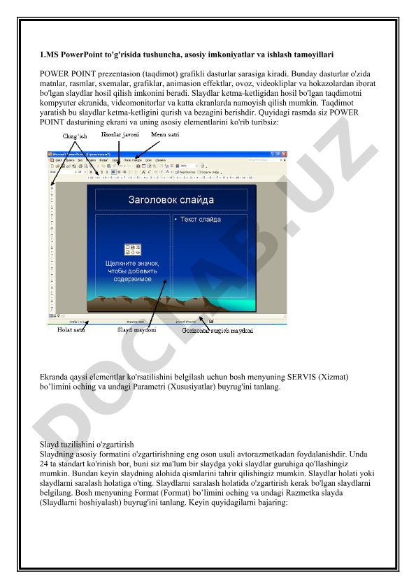 MS PowerPoint dasturining asosiy imkoniyatlari va ishlash tamoyillari