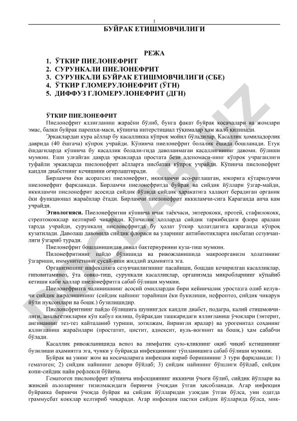 Буйрак этишмовчилиги режаси ва пиелонефрит касалликлари