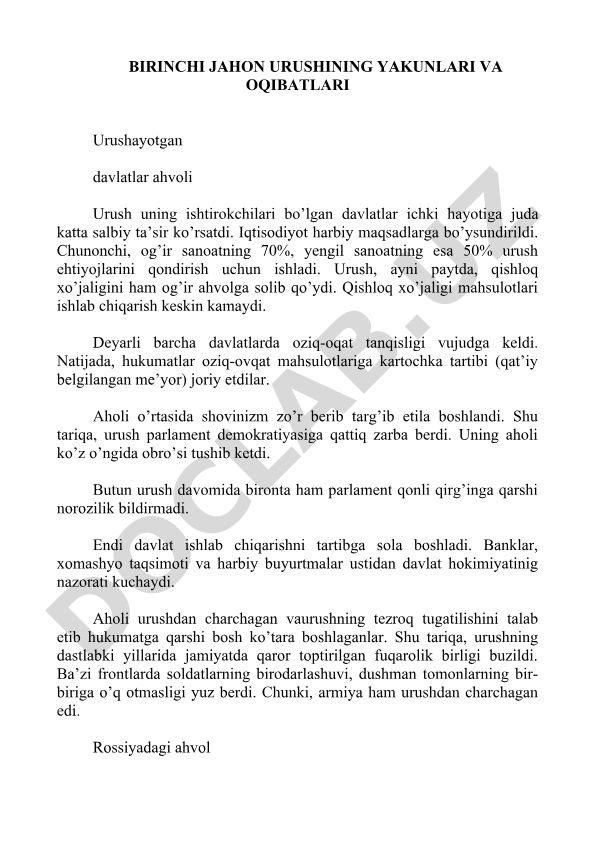 Birinchi jahon urushining yakunlari va oqibatlari