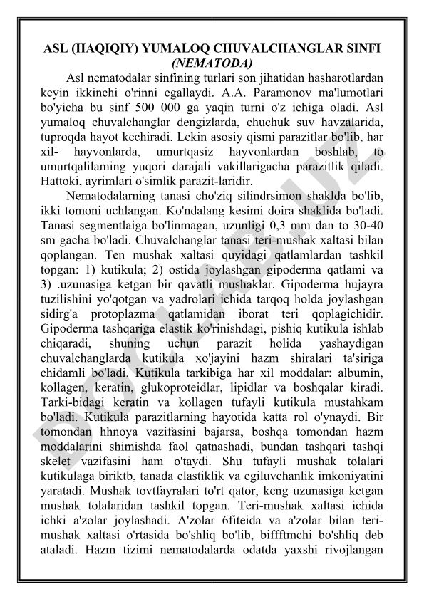 Asl yumaloq chuvalchanglar sinfi (Nematoda) va ularning xususiyatlari