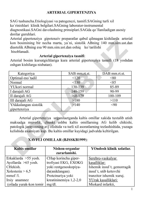 Arterial gipertenziya: tushuncha, tasnifi, diagnostikasi va davolash