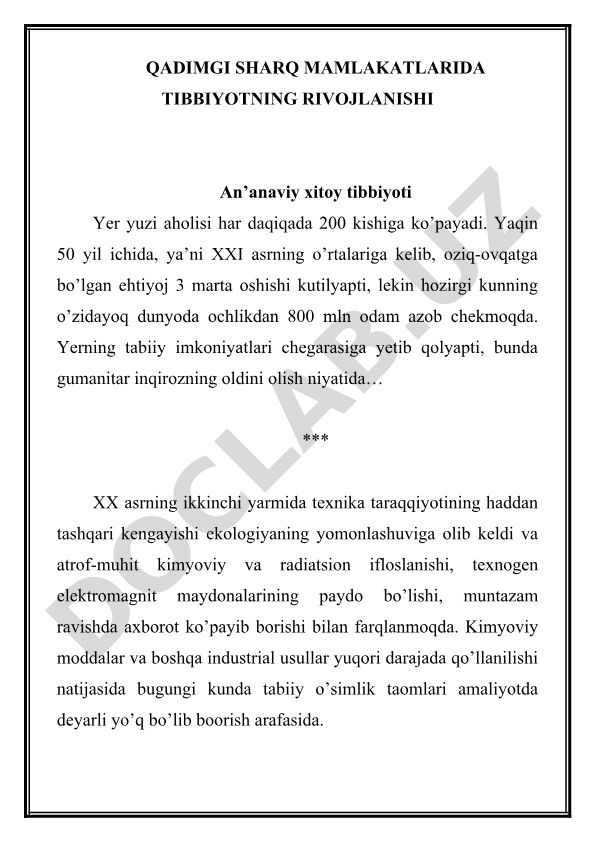 Qadimgi Sharq mamlakatlarida tibbiyotning rivojlanishi