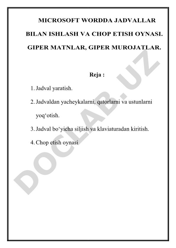 Microsoft Wordda jadvallar bilan ishlash va chop etish oynasi