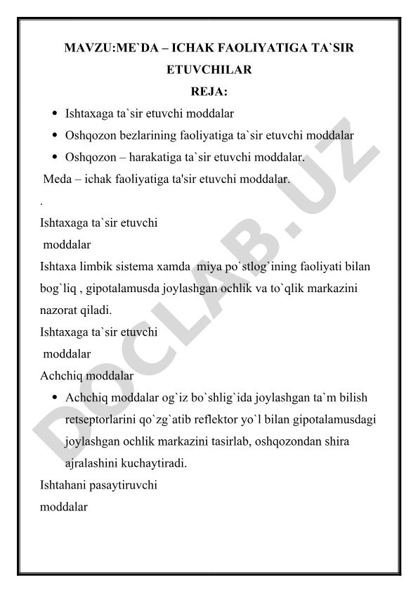 Me'da – ichak faoliyatiga ta'sir etuvchi moddalar