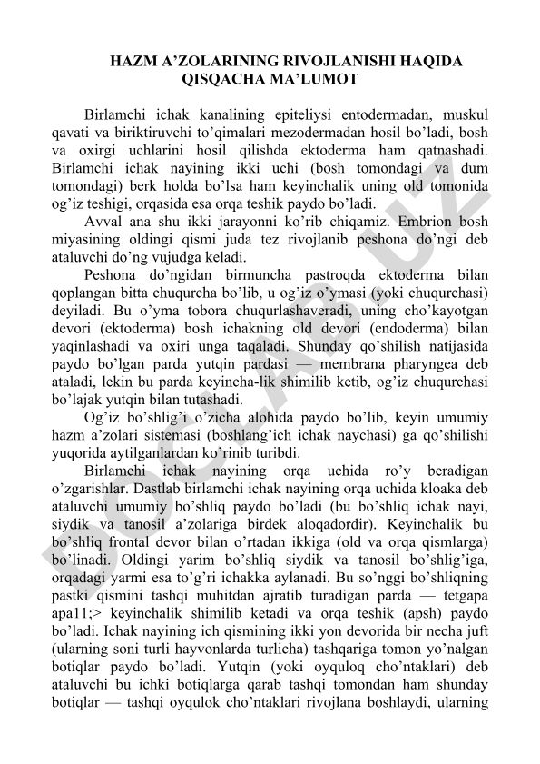Hazm a'zolarining rivojlanishi