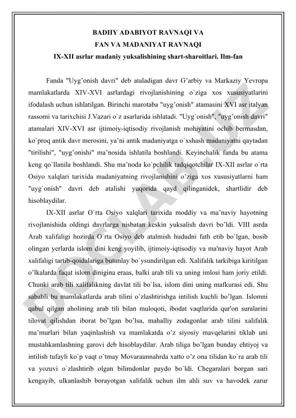 IX-XII asrlar O'rta Osiyo madaniy yuksalishi va uyg'onish davri