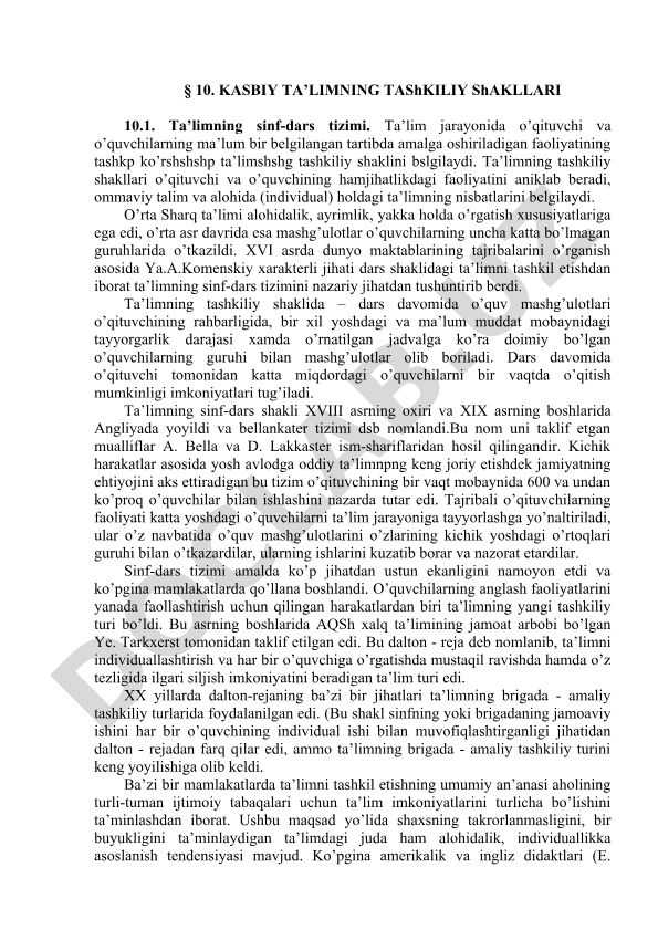 Kasbiy ta’limning tashkiliy shakllari va sinf-dars tizimi