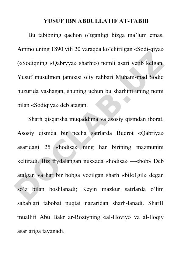 Yusuf ibn Abdullatif at-Tabibning "Sodiqiya" asari sharhi