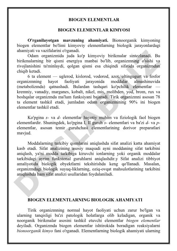 Biogen elementlar kimyosi va biologik jarayonlardagi ahamiyati