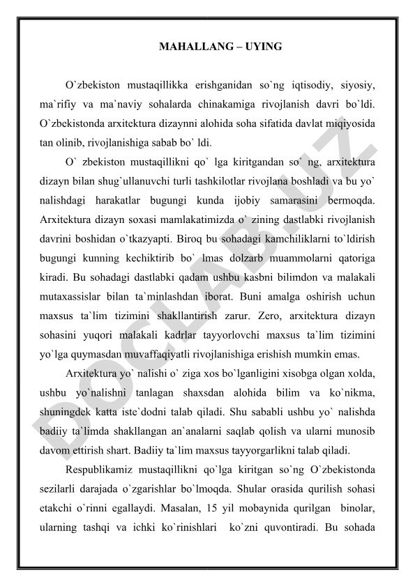 O'zbekistonda arxitektura dizayn sohasining rivojlanishi va kadrlar tayyorlash