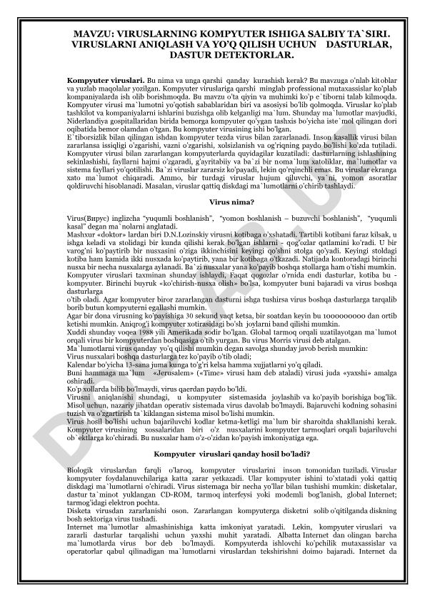 Viruslarning kompyuter ishiga salbiy ta'siri. Viruslarni aniqlash va yo'q qilish uchun dasturlar, dastur detektorlar