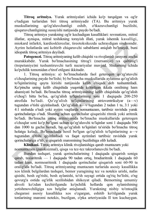 Titroq aritmiya: sabablari, patogenezi va klinikasi
