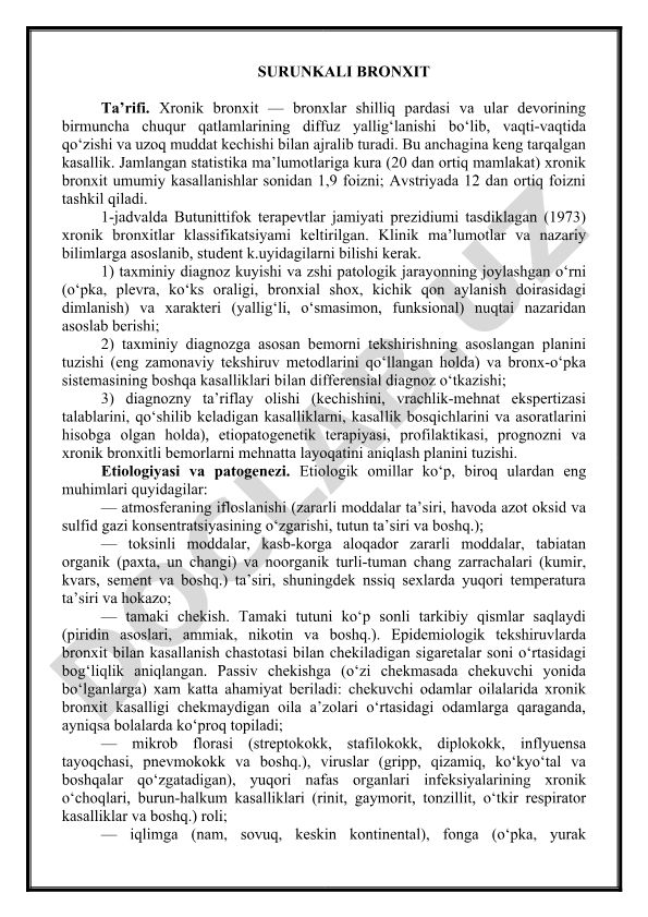 Surunkali bronxit: ta'rifi, klassifikatsiyasi va diagnostikasi