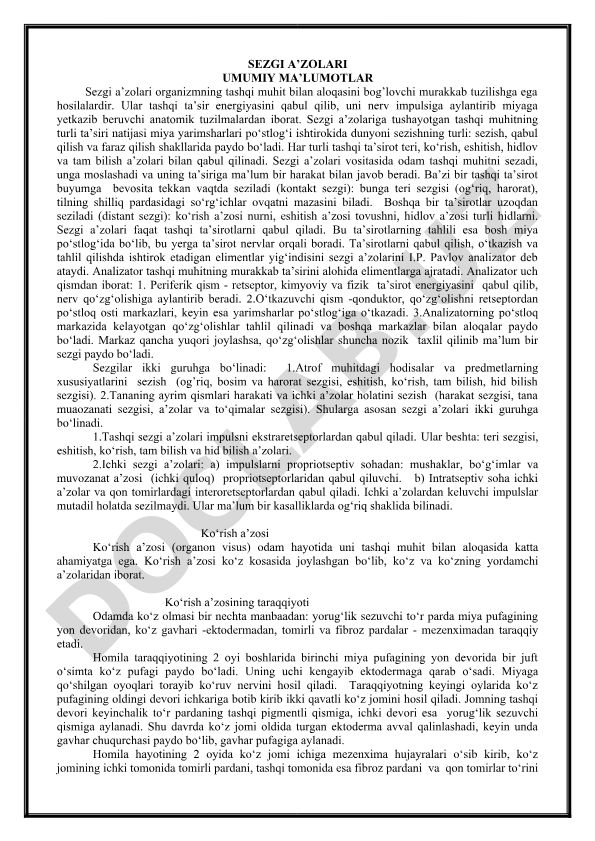 Sezgi a'zolari va ularning organizmdagi vazifalari