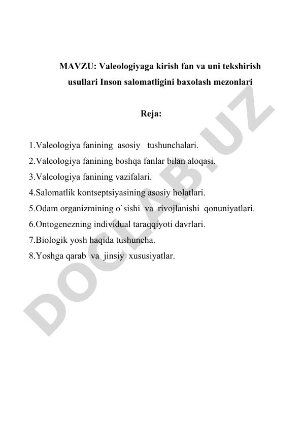 Valeologiyaga kirish fan va uni tekshirish usullari